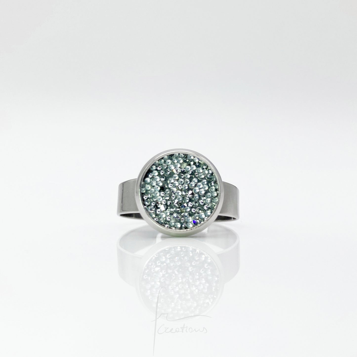 Anello chevalier regolabile in acciaio con Cristalli Austriaci Originali White Ice