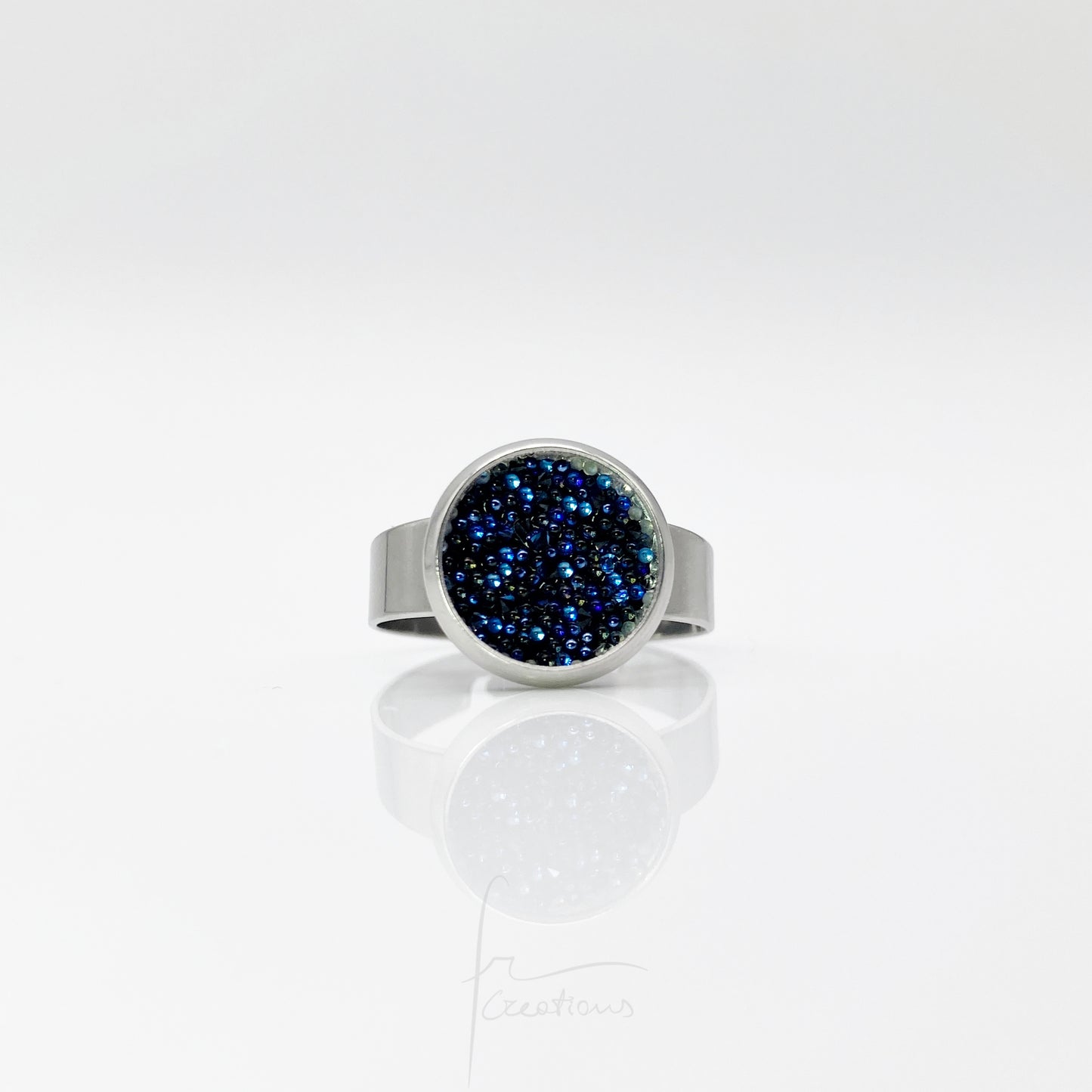 Anello chevalier regolabile in acciaio Cristalli Austriaci Originali Ocean Blue